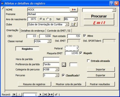 REGISTRO; o Peitoral vem automatico ou manual (olha a opção em Configuração).<br />Entra numero da plaqueta EMIT ou SPORTident.<br />A categoria do percuros pode ser diferente da categoria normal.<br />Preferencias de partida são usados para calcular a lista de partida.